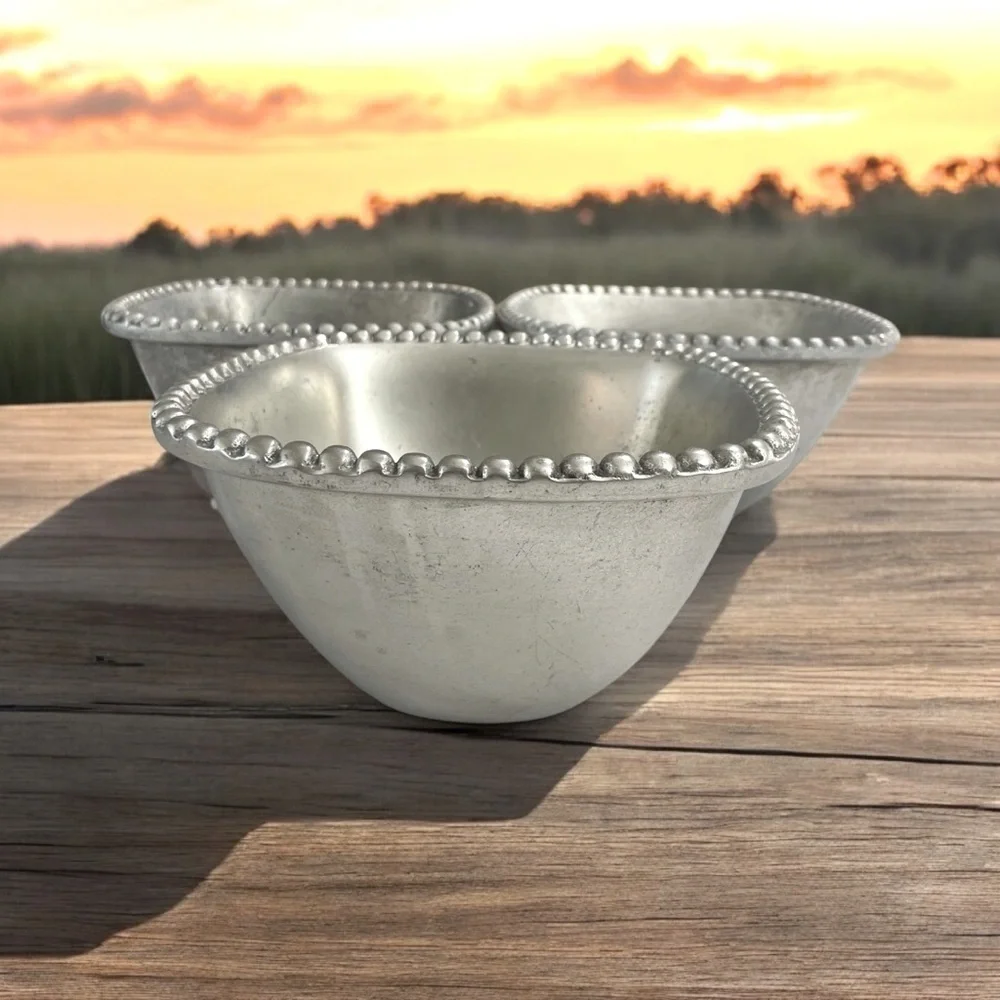 3 Vintage Beaded Silver Serving Bowls/ Planters 8” x 5” Square.